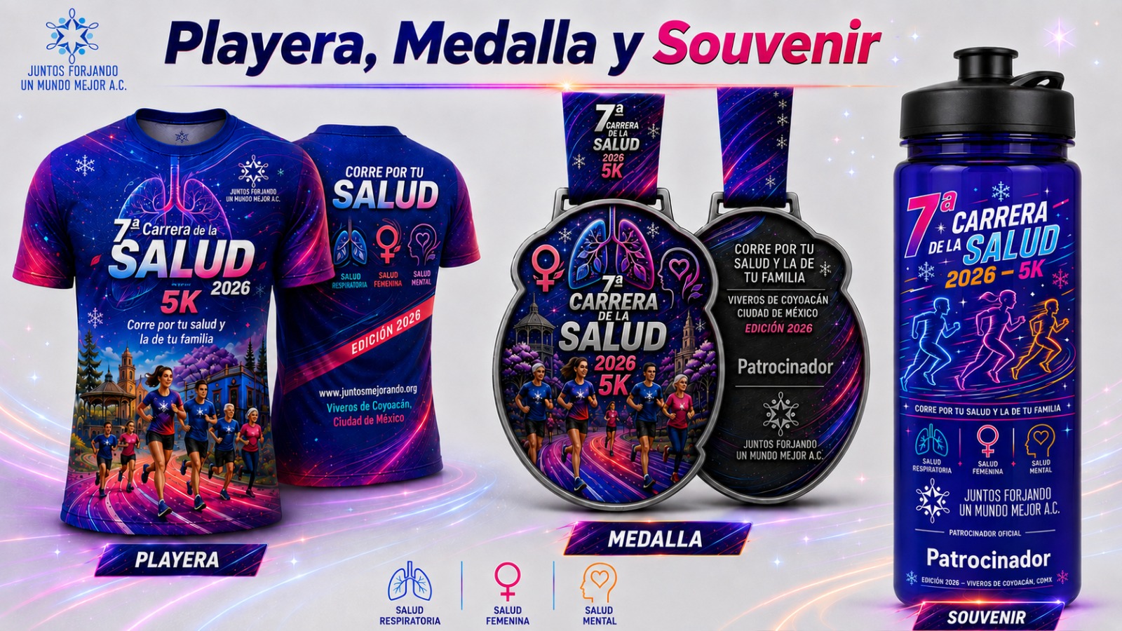 Kit del corredor: playera, medalla y cilindro de la 7a Carrera por la Salud 2026